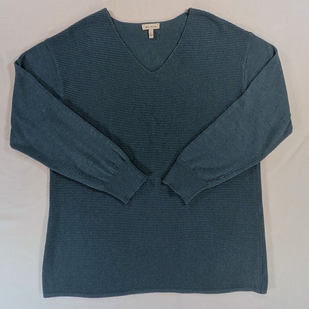 Ella Moss Womens V-Neck Sweater Teal Horizontal Ribbed Knit Large